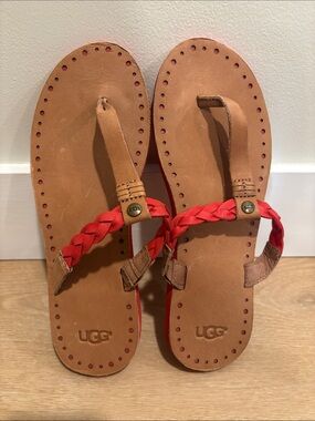 UGG Women's Red Braided Leather Thong Sandals with Tan Footbed
